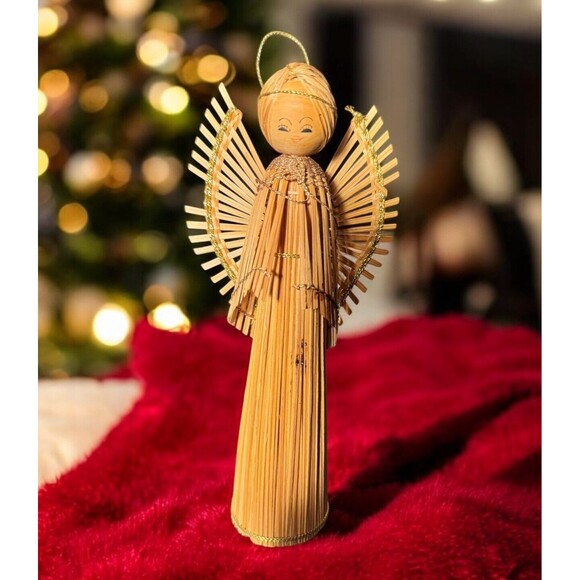 VTG wicker Wood Angel Christmas Ornaments Hand Made 8” Christmas Home Decor 70s - Picture 1 of 10